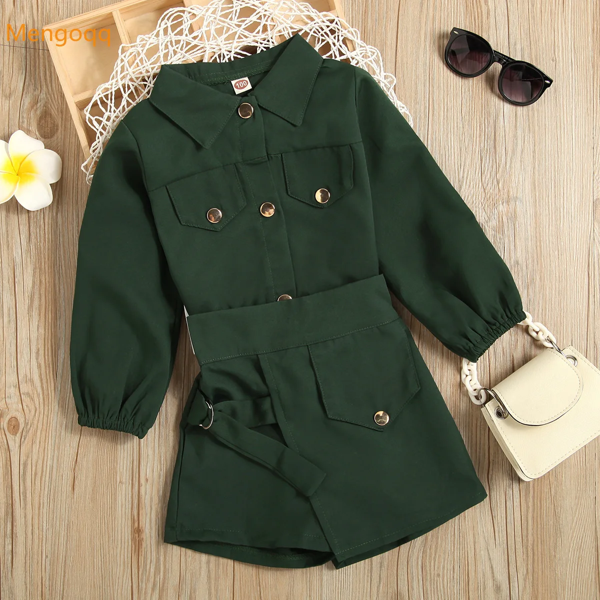 

Fashion Girls Full Sleeve Single-breasted Top Jacket Outwear ArmyGreen Skirts Kdis Baby Young Children Clothes Set 2pcs 2-8Y
