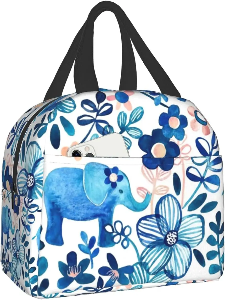 

Lunch Bag for Boy Men Teen Insulated Work School Medium Elephant Flower Blue Cooler Lunch Box Containers Outdoors