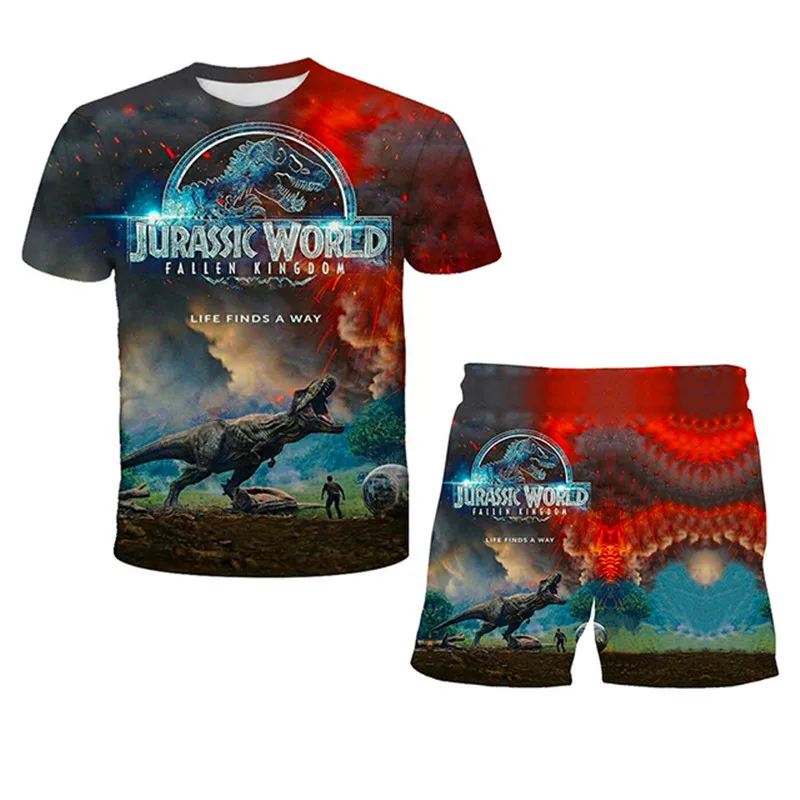 

Jurassic World Kids Summer Costumes Boy Short Sleeve Dinosaur Clothes T-shirt Pants 2pc Suit Kids Cartoon Print Outfits Boy Set