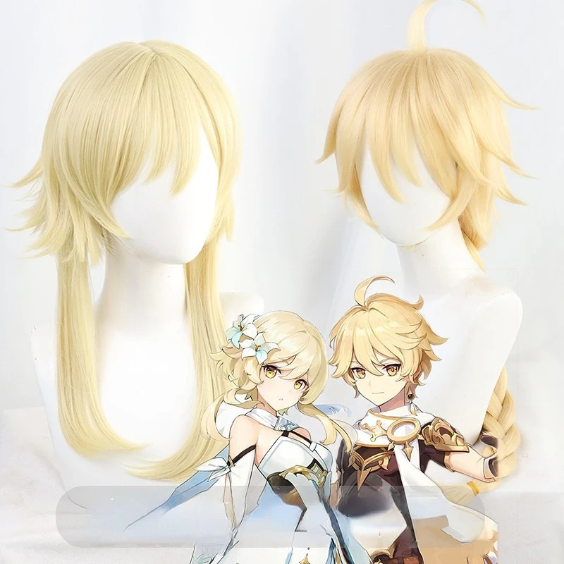 

Game Genshin Impact Lumine Traveler Aether Cosplay Wig Golden Blond Anime Role Play Hair Heat Resistant Synthetic Wigs+Wig Cap