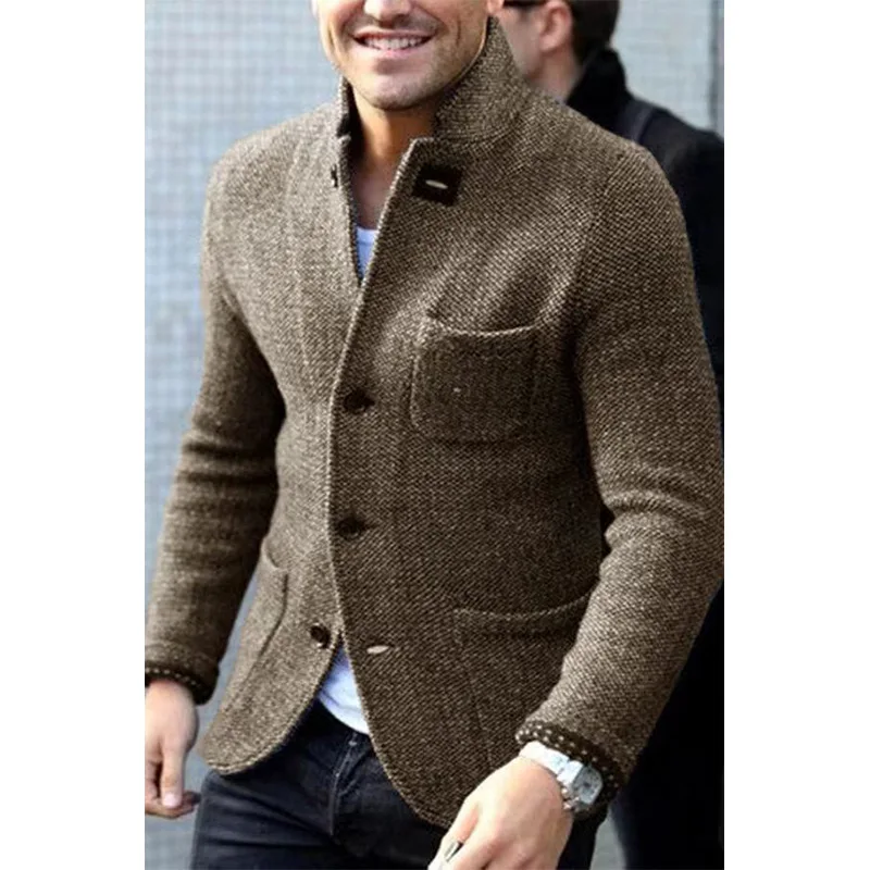 Мужской однобортный Кардиган с карманами осенне-зимнее шерстяное пальто