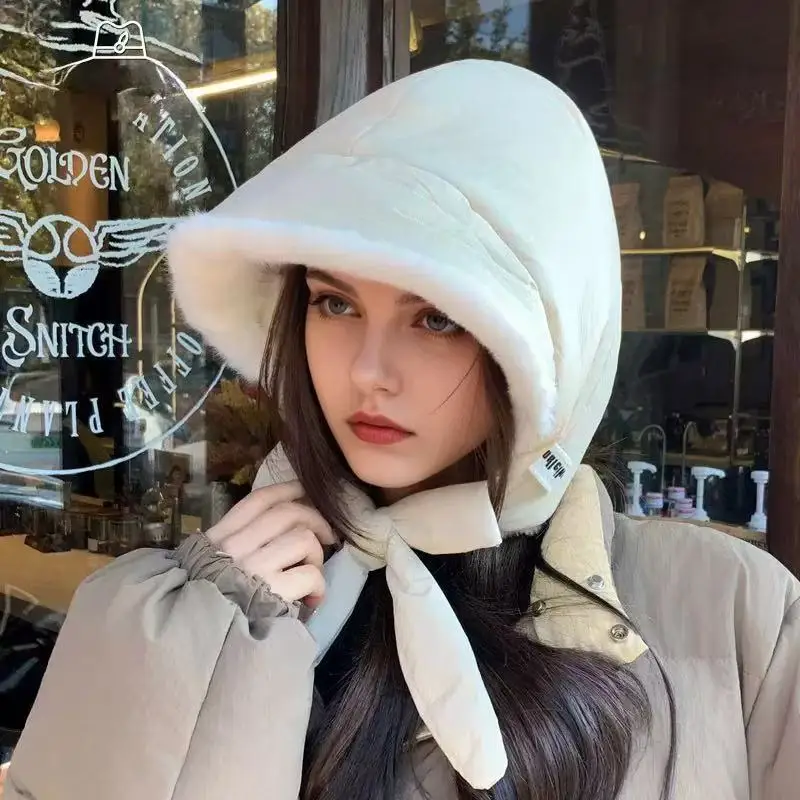 다운 코튼 플러시 모자 여성용 가을 겨울 바라클라바 모자 큰 머리둘레 두꺼운 따뜻한 귀 보호 레이펑 모자
