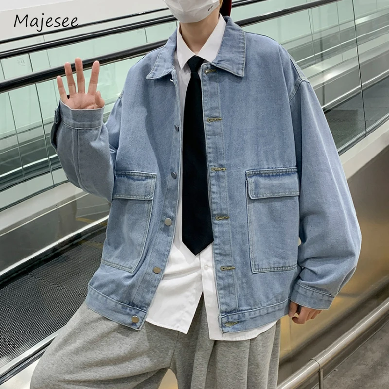 

Denim Jackets Men Autumn Large Pockets Windproof Daily All-match Baggy Comfortable College Vitality Korean Style Streetwear Chic