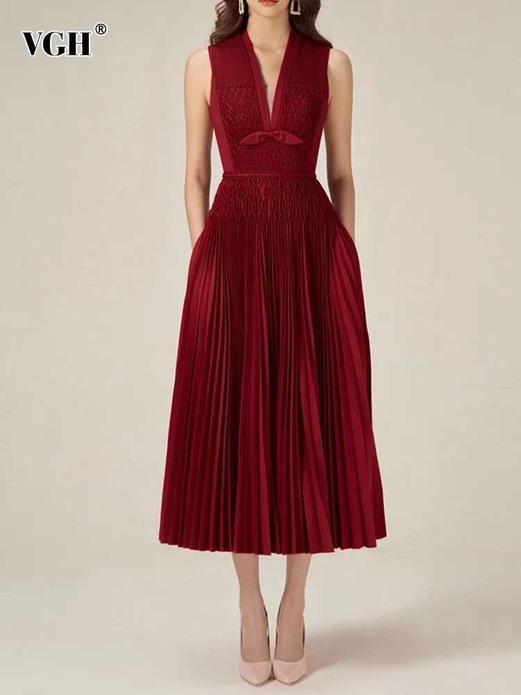 

Женское плиссированное платье с бантом VGH, элегантное однотонное платье с V-образным вырезом, без рукавов, с высокой талией, летняя одежда