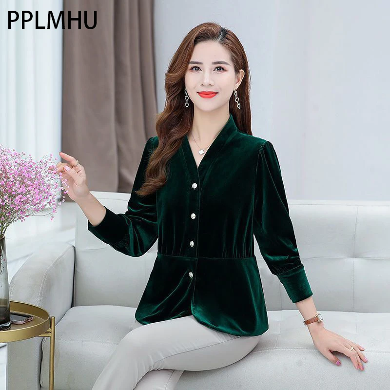 

New Plus Size 6XL Pullover Mom's Velvet Long Sleeve Tees Spring V-neck Single Breasted Korean Tops Pleuche Casual Loose T-shirts