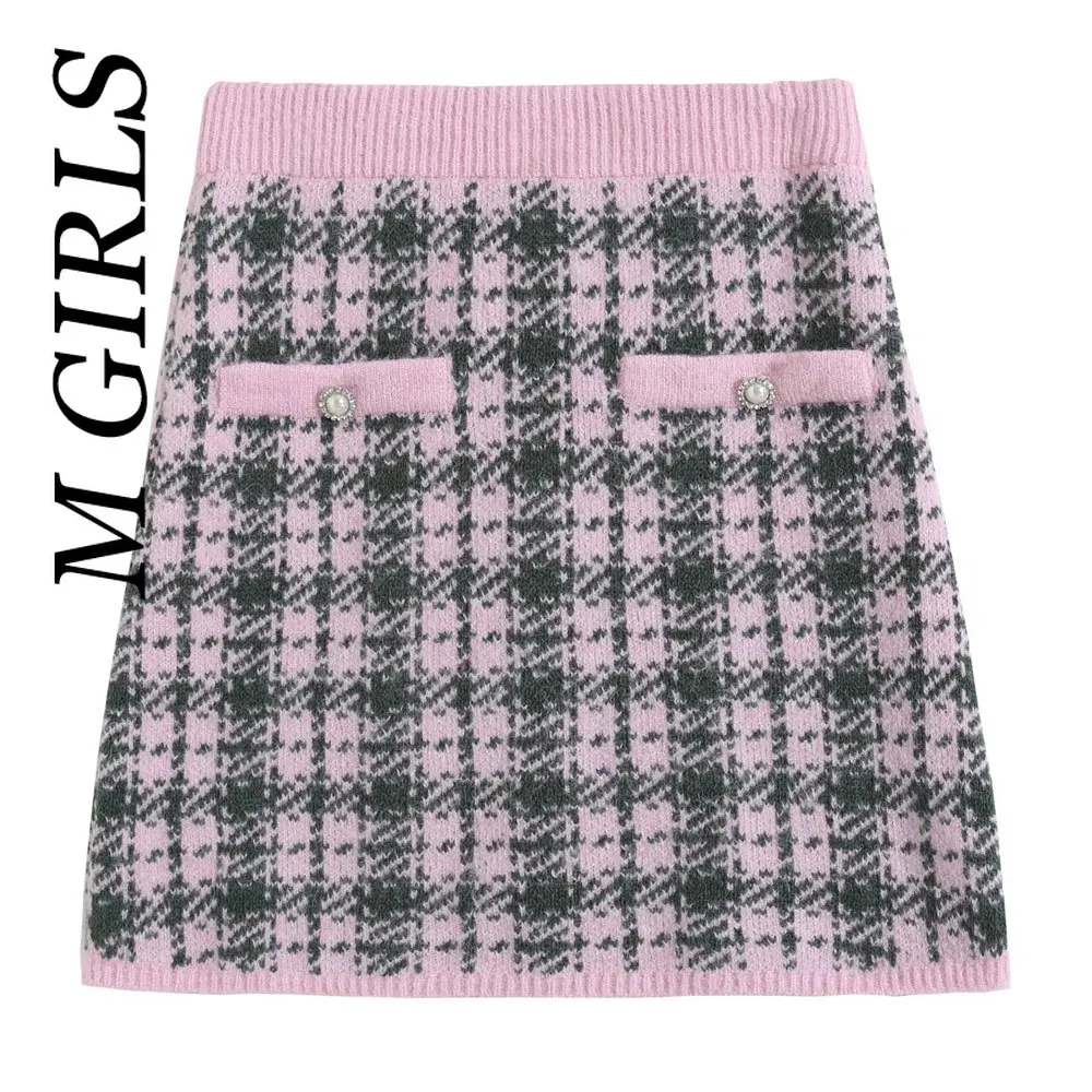 

Мини-юбка женская трикотажная в клетку, с пуговицами и искусственным жемчугом