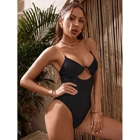 2022 new ladies one piece swimsuit chain shoulder strap hollow sexy temperament fashion trend slim elegant solid color bikini