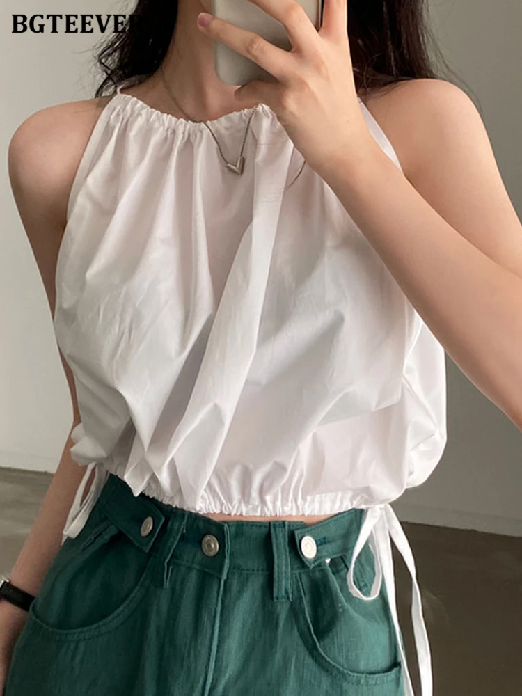 

Стильная женская майка BGTEEVER с лямкой на шее, лето 2022, свободные Женские однотонные майки без рукавов на шнуровке, повседневные женские топы