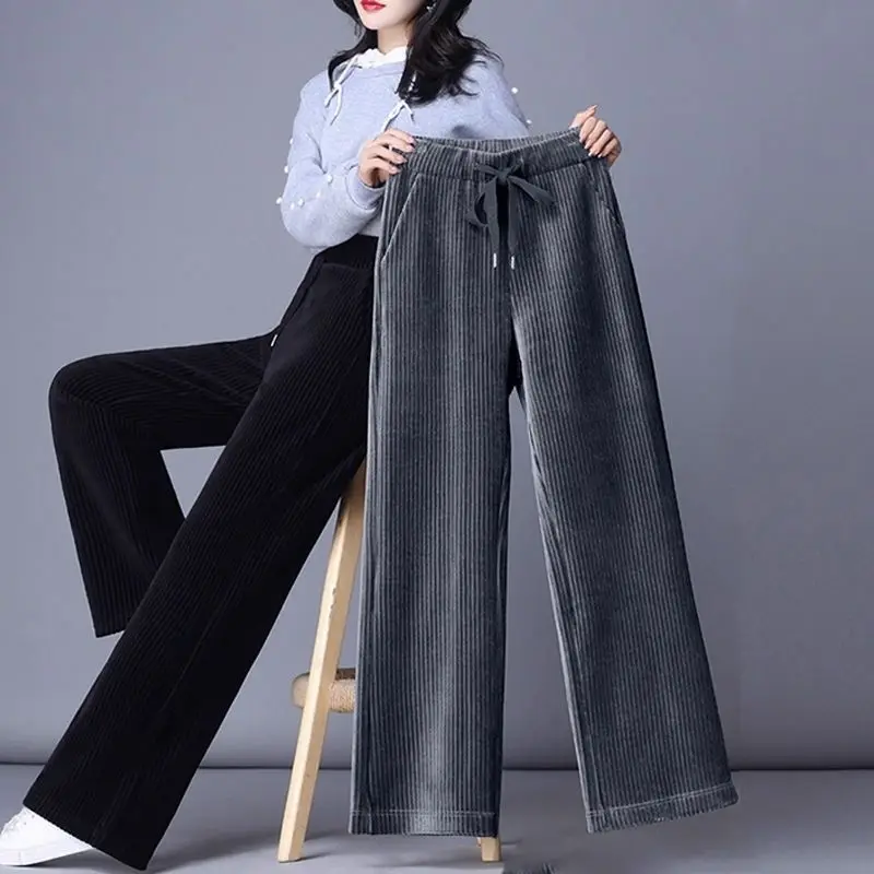 Winter Corduroy Thicken Loose Wide Leg Pants Pockets High Waist Solid Elastic Lace-up Casual Oversize Women Straight Trousers