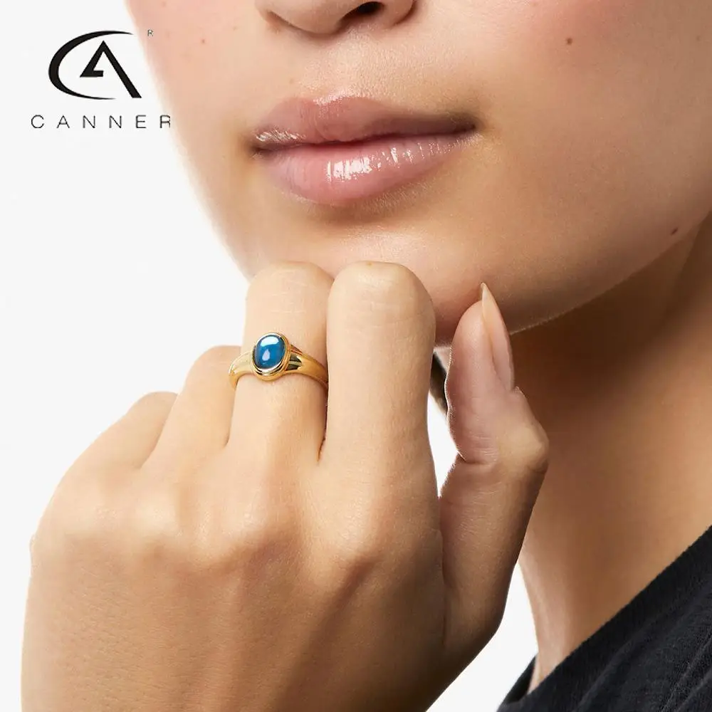 

CANNER S925 Silver Gold Plated Oval Blue Turquoise Ring for Women 2023 Trendy 6/7/8mm Adjustable Wedding Bands Ring Hand Jewelry