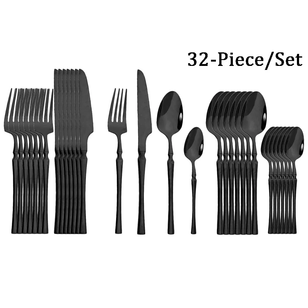 JANKNG 32-Piece/Set Stainless Steel Dinnerware Set Fork Knife Spoon Cutlery Tableware Kitchen Food Flatware Black Silverware Set