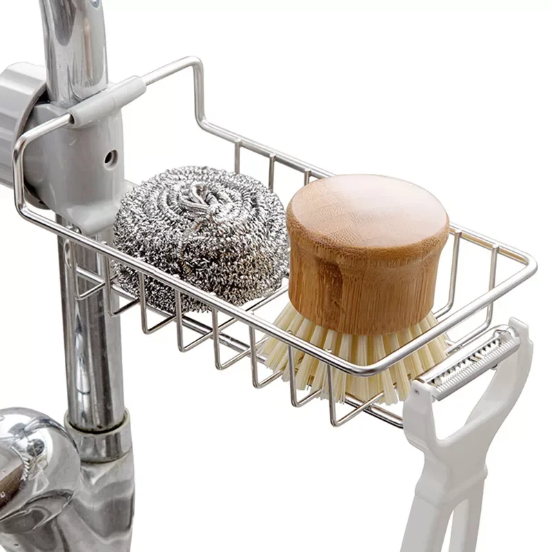 

Kitchen Sink Faucet Shelf Stainless Steel Sponge Holder Adjustable Sink Faucet Dishcloth Towel Storage Rack