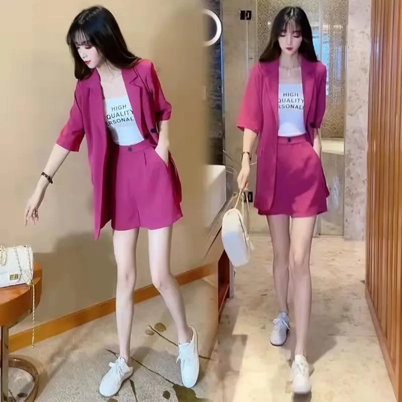 

Women Summer Blazer Set Women's Suits Casual Oversize Short Sleeve Suit Pitaya Red 2 Piece Set Women Suit Blazer And Shorts