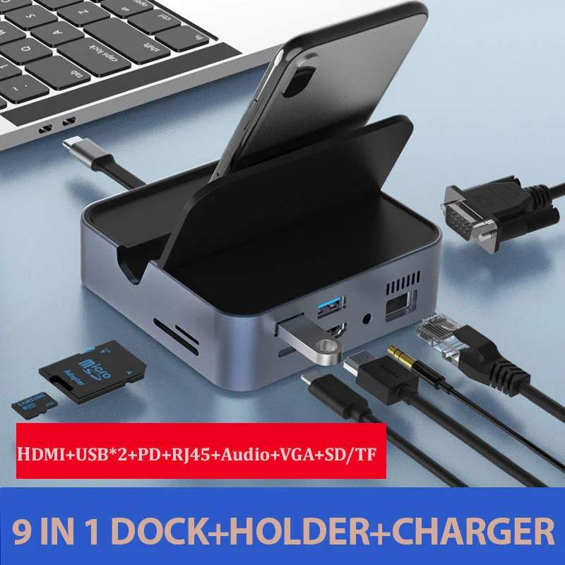 

Type C Docking Station Smartphone Laptop HUB to HDTV 4K VGA RJ45 TF SD USB3.0 Reader 3.5mm PD Charging Adapter for Macbook Air