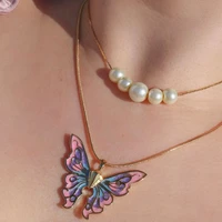 2022 new gold chain women butterfly pearl necklace double choker chains jewelry girl fashion butterflies pendant gift