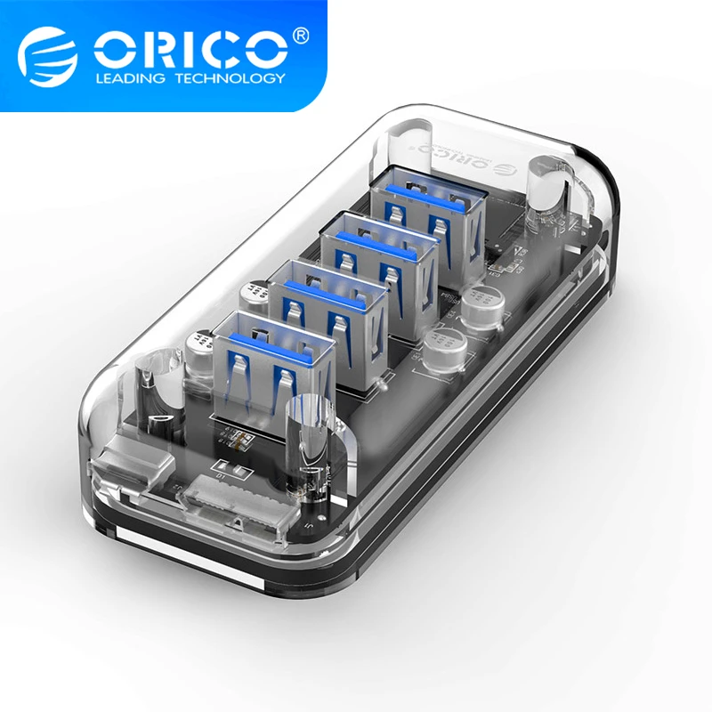 

Сетевой разветвитель ORICO, прозрачный, 4 порта, USB 3,0, с портом питания Micro USB, скорость 5 Гбит/с