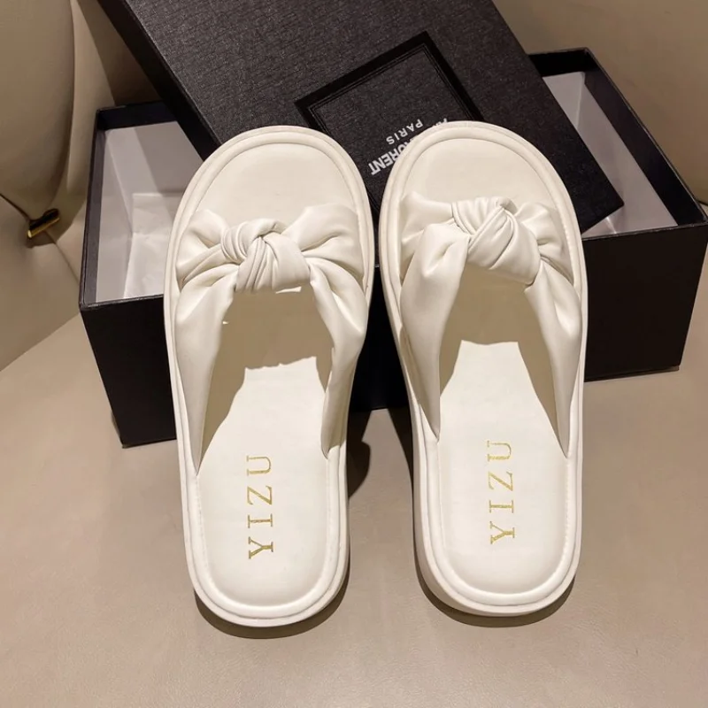 

HUAXI Cozy Soft Pu Leather Slides Women Flat Slippers Summer Outdoor Open Toe Bowknot Designer Sandals Slipper Shoes Green