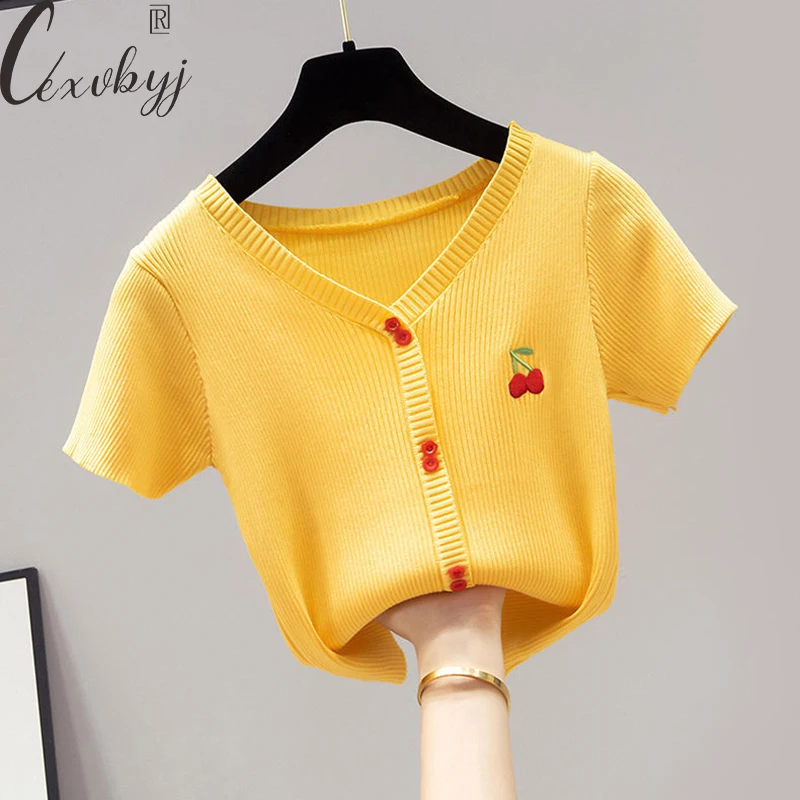 

Preppy Style Embroidery Knitted Tops Women Streetwear V-Neck Knitwear T-Shirt Summer All-Match Short Sleeve Designs T-Shirt