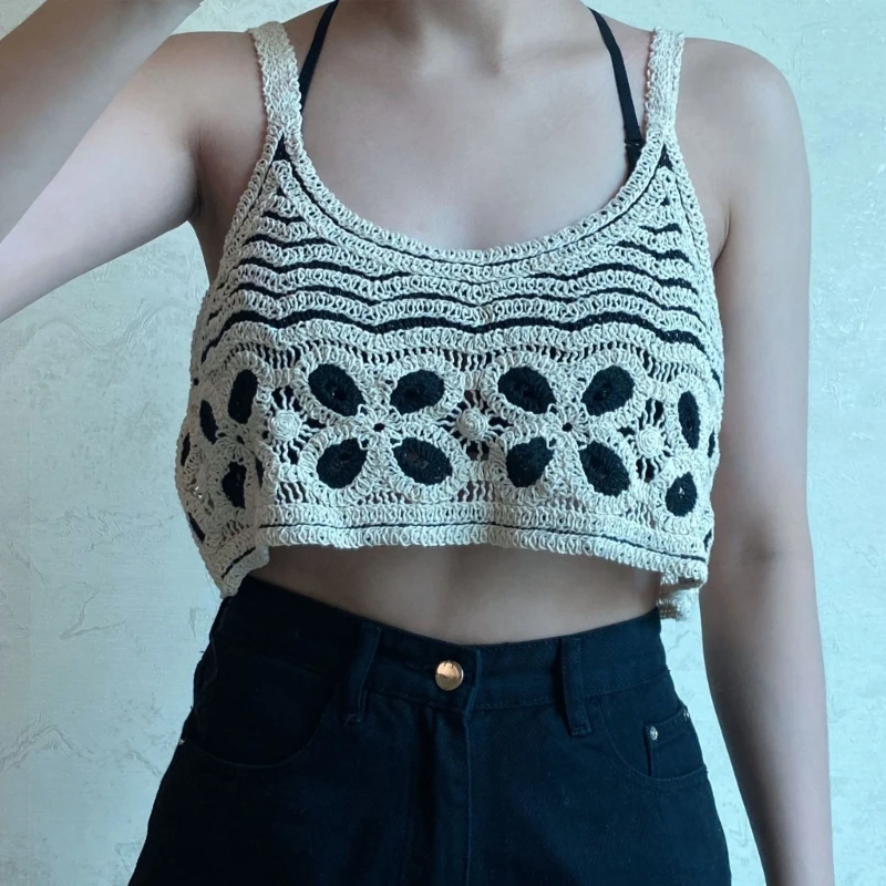 

Beach Vacation Crop Top Women Crochet Knit Contrast Color Floral Camisole Vest