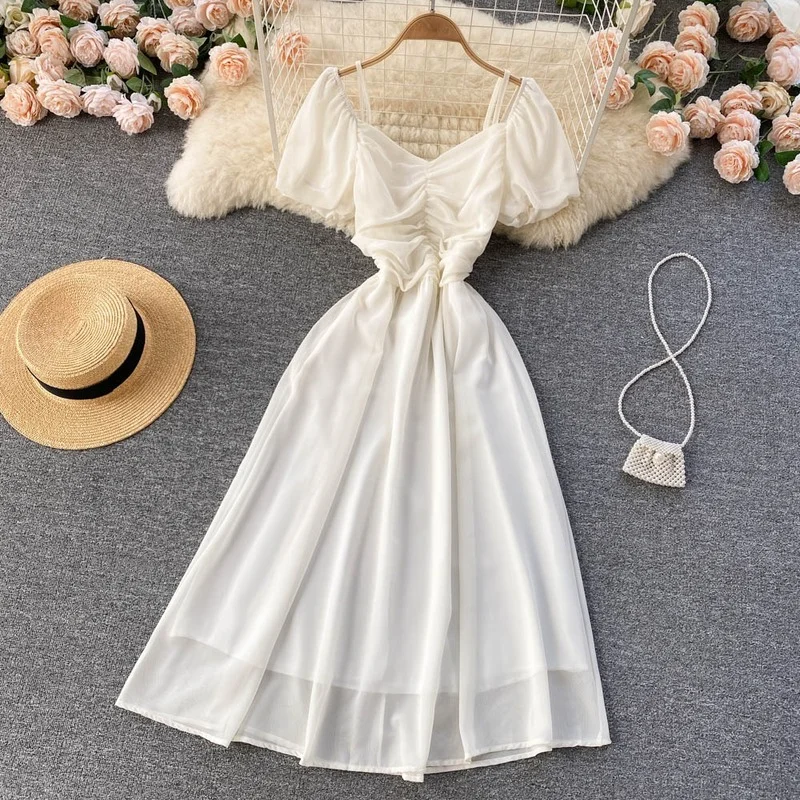 

Vintage Sweet temperament waist dress for women summer V-neck puff short-sleeved slim midi long chiffon dress elegant vestidos