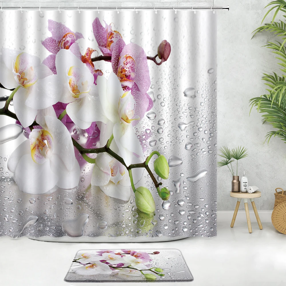 

2pcs Orchid Shower Curtain Sets Bath Mat Flower Plant Winter Snowman Truck Rural Scenery Christmas Bathroom Decor Anti-Slip Rugs