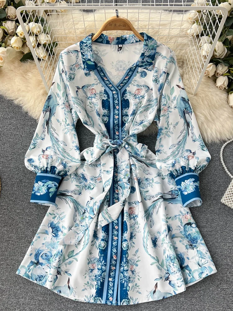 

Ailegogo New Spring Summer Women Vintage Floral Print V-neck Long Sleeve Single Breasted A-line Medium Dresses with Belt