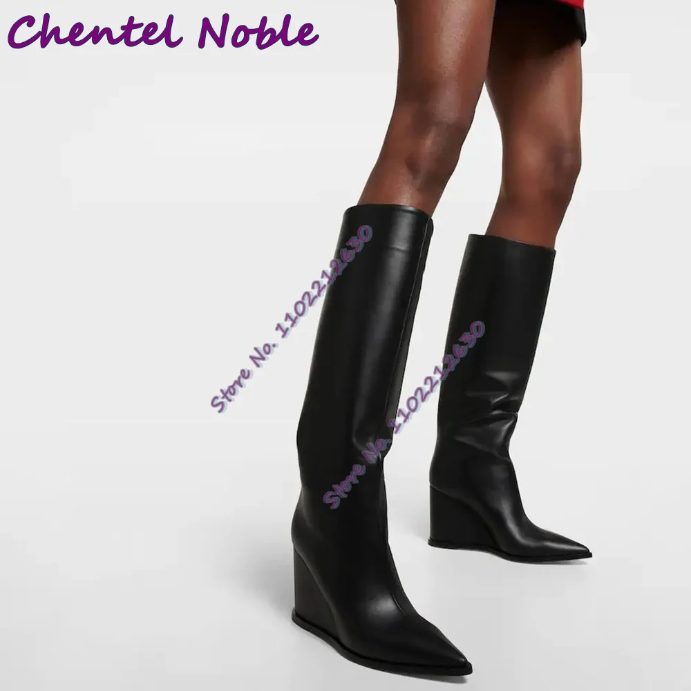 

Черные сапоги на танкетке с острым носком, матовые кожаные сапоги до колена на высоком каблуке без застежек, модная Универсальная женская зимняя обувь больших размеров