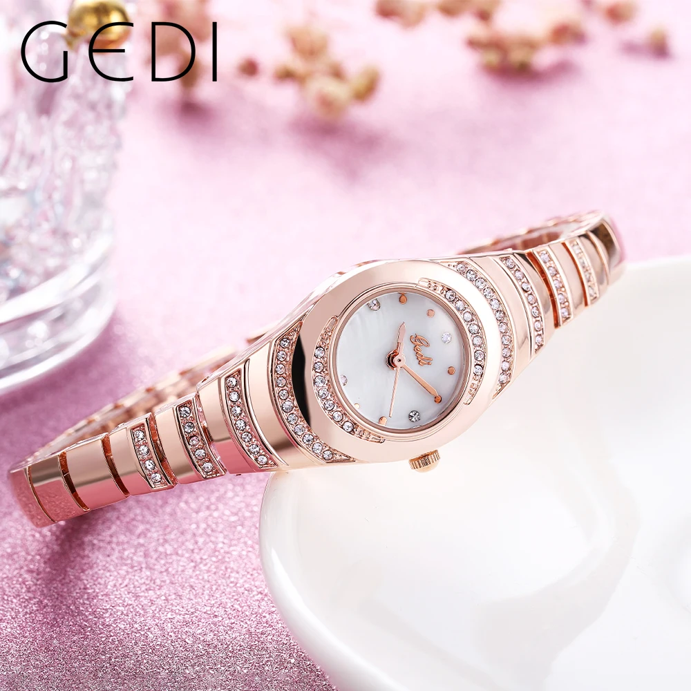 GEDI Ladies Wrist Watches Dress Rose Gold Watch Women Crystal Diamond Watches Stainless Steel Clock Women Montre Femme 2023 New
