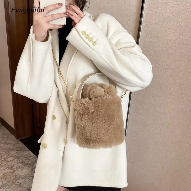 Kawaii Cute Furry Bucket Bag 2022 New Trend Chain Small Bag Texture Furball Handbag Shoulder Bag Women