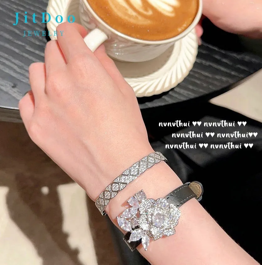 

JitDoo Unique Flower Cubic Zircon Bracelet for Women Luxury Vintage Romantic Black Leather Bracelet Ladies Party Fine Jewelry