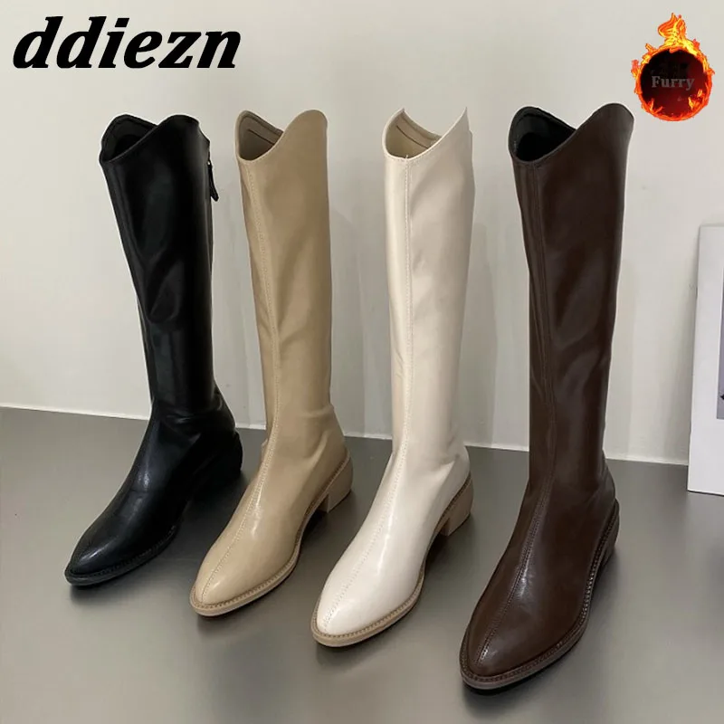 

Women Knee High Western Boots Autumn Winter Fashion Round Toe Low Heels Shoes Female Zippers Shoes Ladies New 2023 Chelsea Boots