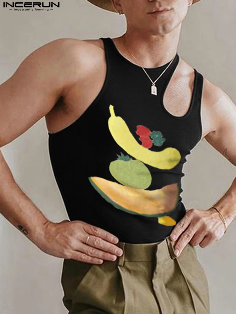 

Stylish Tank Tops Men's Fruit Printing Hollow Out Vests Fashion Male Leisure All-match Knitted Waistcoat S-5XL INCERUN Tops 2022