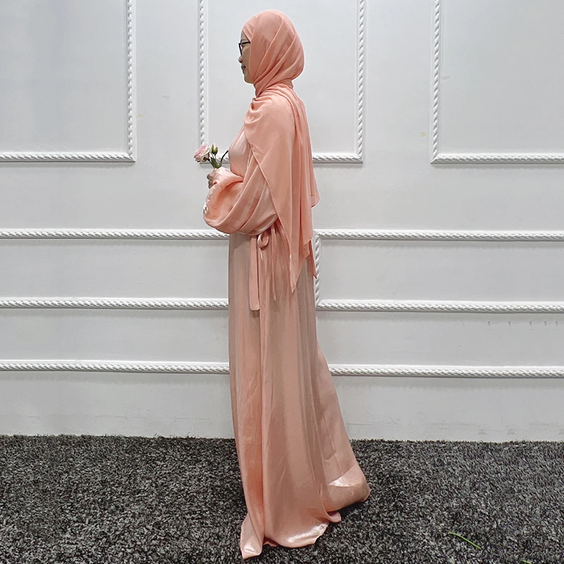 Satin Long Dress Muslim Women Abayas With Puff Sleeves 2022 Plus Size For Hijab Middle East Turkish Arabian Eid Dresses Dubai
