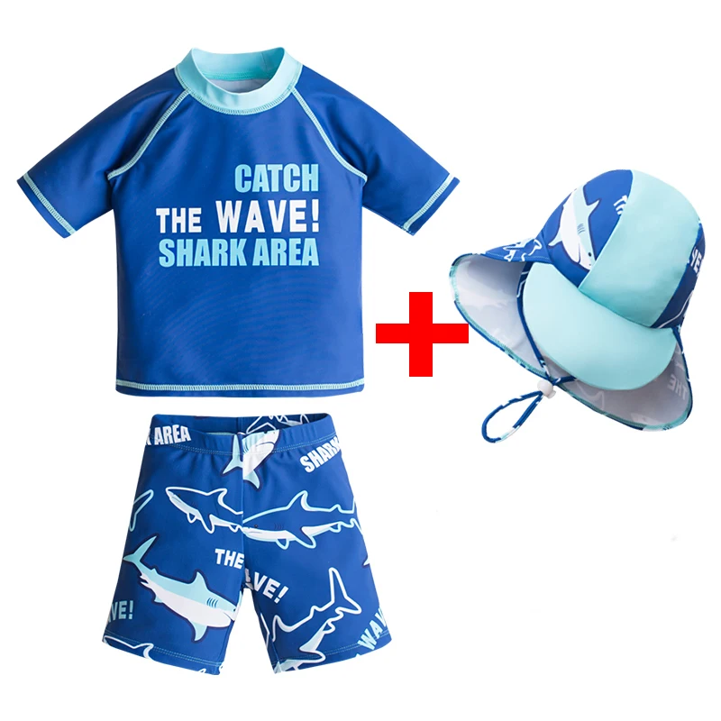 Bañador con estampado de rayas de tiburón para niños, sombrero de protección solar, traje de baño de 3 piezas UV, ropa de playa, 2022
