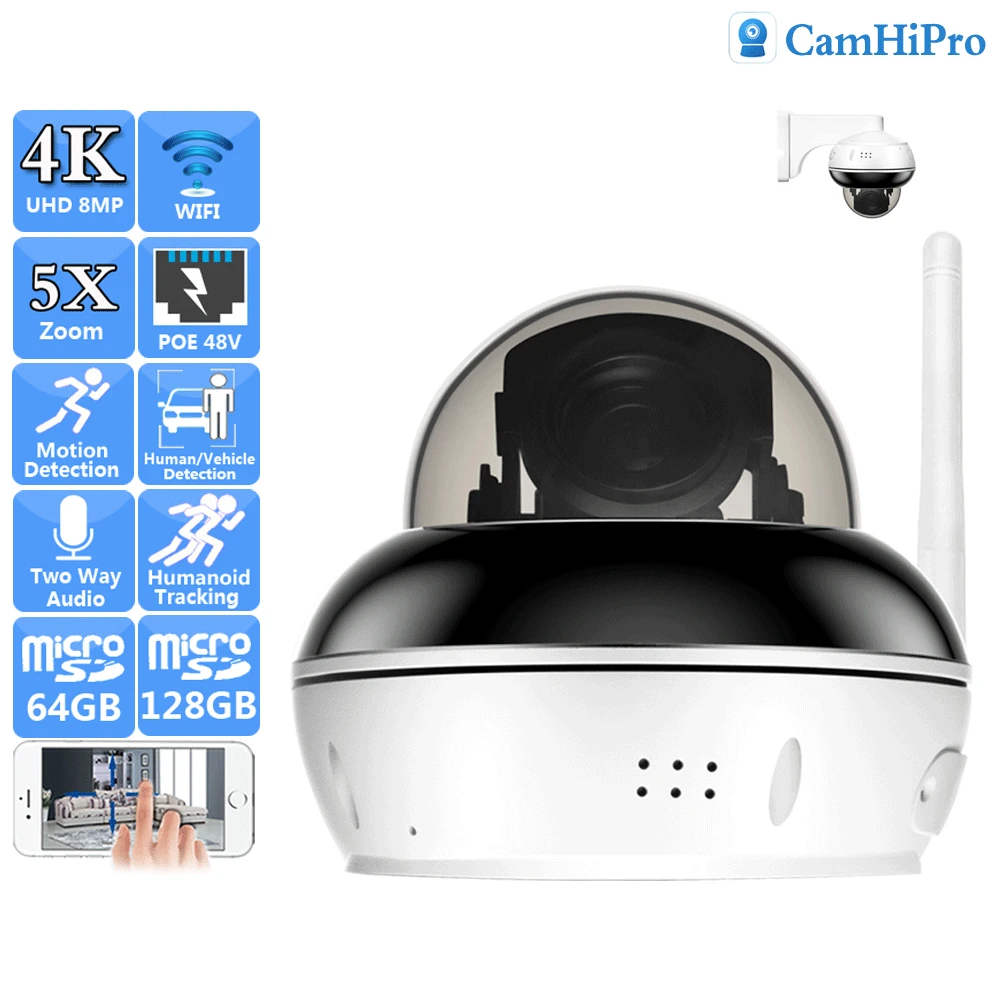 

UHD 4K 8MP Sony415 Wireless Security IP Camera Wifi PTZ Dome POE 48V 2.7-13.5mm 5X Zoom Autofocus Human Tracking Two Way Audio