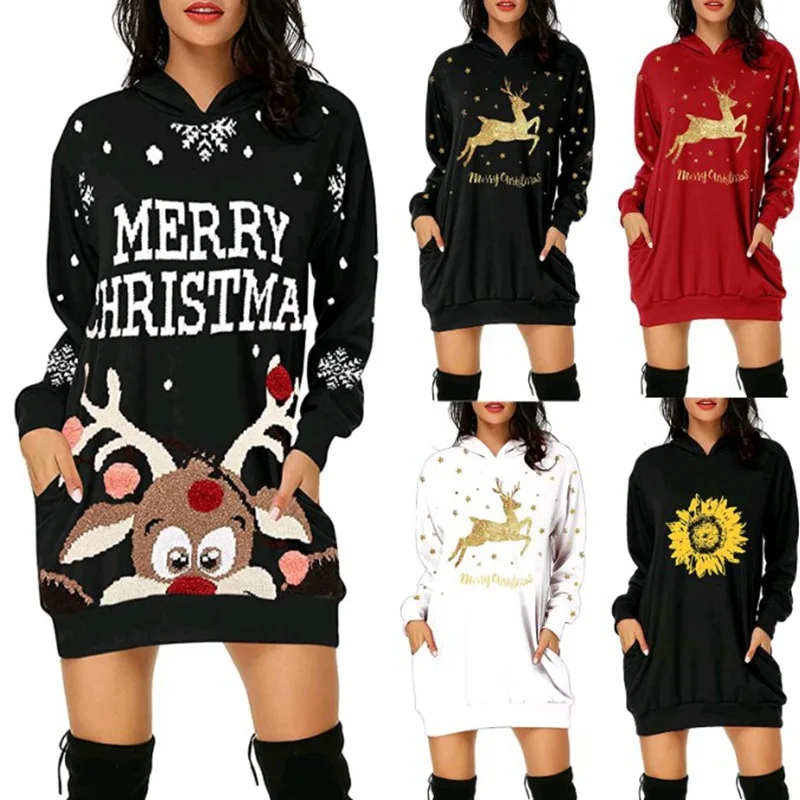 

2022 Christmas Printed Mid Length Pocket Hooded Long Sleeve Sweater Women