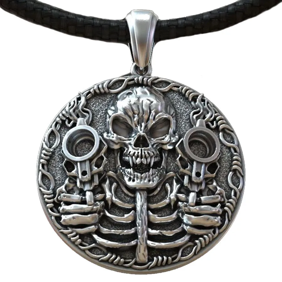 

Fury Skull Aiming With Smoking Pistols In Both Hands Mens Gift 925 SOLID STERLING Silver Pendant
