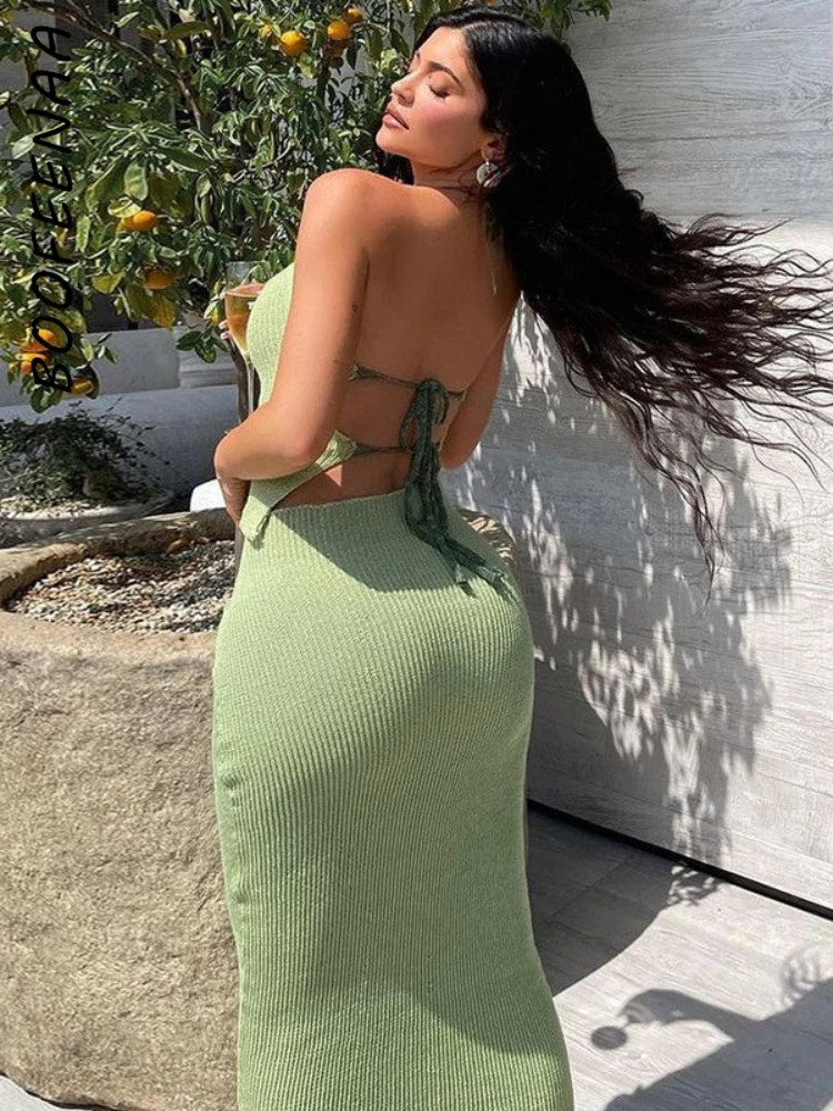 

BOOFEENAA Bodycon Dress Sets Green Knitted Sexy Two Piece Set Lace Up Halterneck Backless Crop Top and Skirt C70-CG30