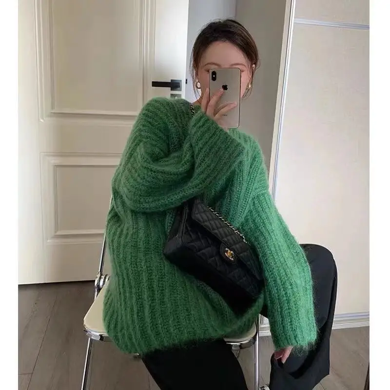 

Женский трикотажный пуловер с круглым вырезом, длинным рукавом