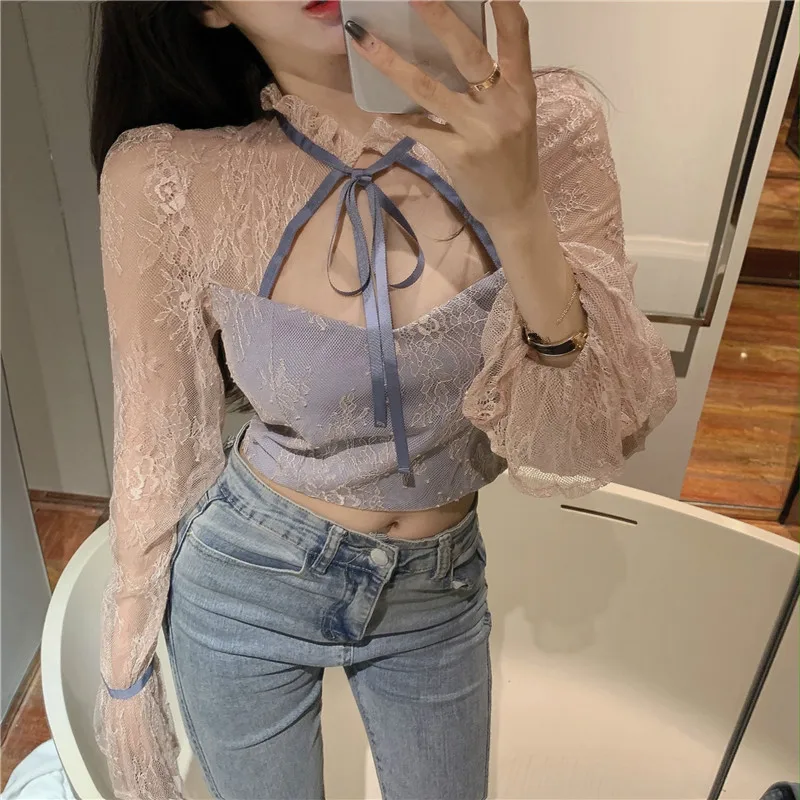 

Lace bottom blouse female 2022 autumn and winter new temperamentality sexy lace slender short long-sleeve blouse