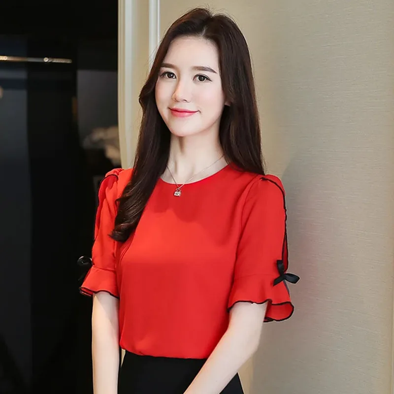 Блузка женская шифоновая с коротким рукавом и круглым вырезом D19