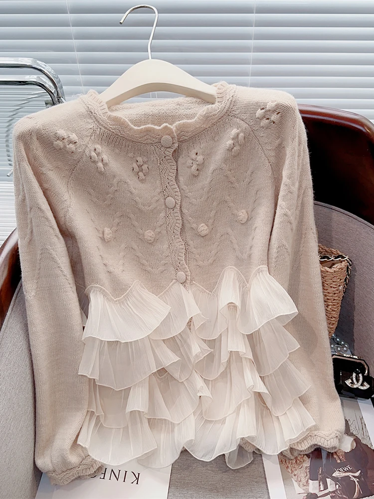 Женский абрикосовый кардиган роскошный сетчатый свитер Harajuku Y2k вязаные