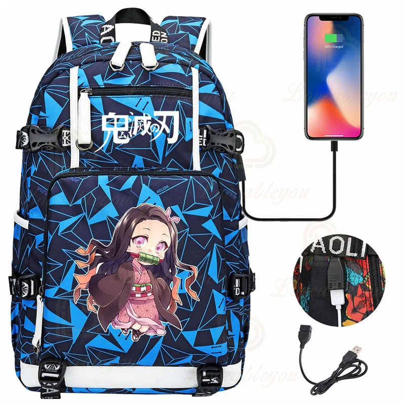

Tsuyuri Kanao Demon Slayer Kimetsu No Yaiba Backpack With USB Primary Schoolbag Anime Figures Study Stationery Book Mochila Bags