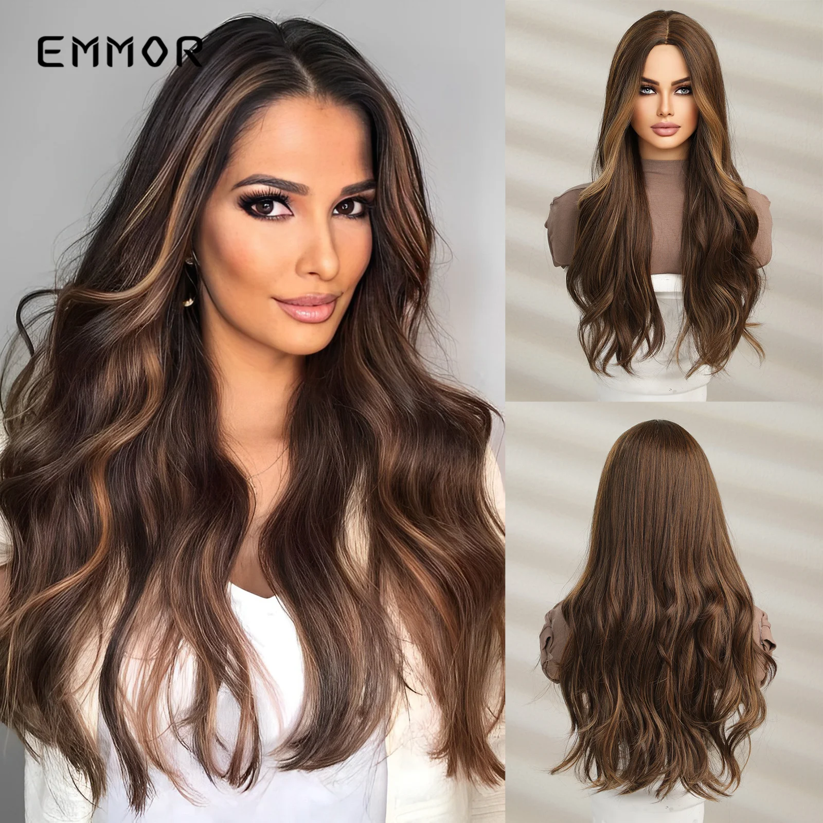 

Emmor Highlight Brown Synthetic Long Wavy Wigs No Bangs Women Wigs Cosplay Natural Hair Wig High Temperature Resistance Fiber