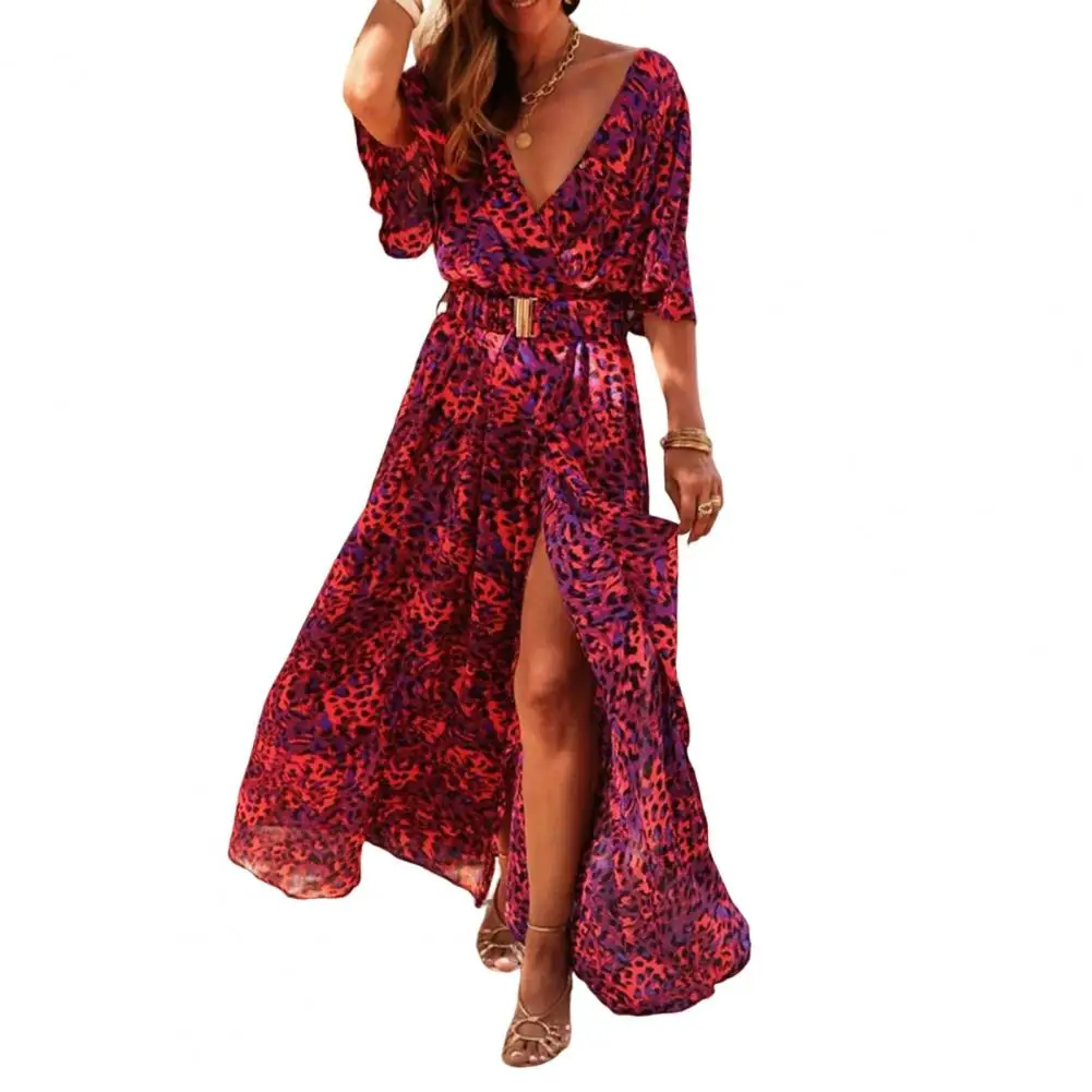 

Vintage Women Dress Leopard Print Deep V Neck Tight Waist Short Sleeves Printing Dress-up Split OL Spring Dress Clothes