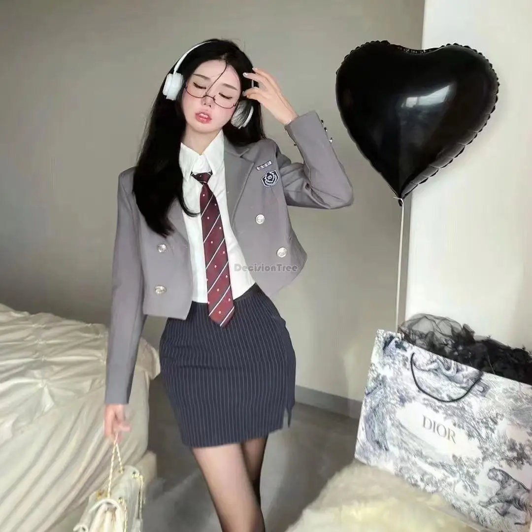 

2023 spring women sweet spice retro preppy suit jk long sleeve coat+blouse+slimming skirt three pieces korea style uniform set