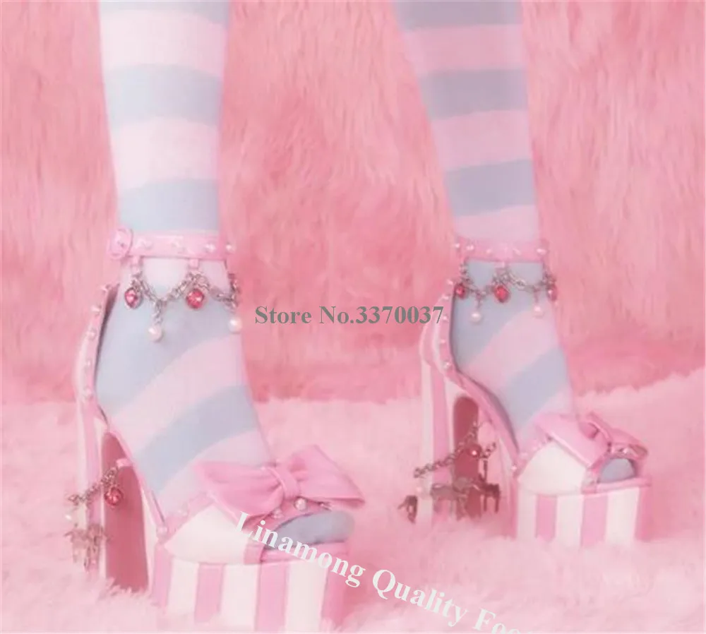Linamong Cute Pink White Stripes Pearls Chunky Heel Sandals Butterfly Rhinestones Platform Metal Chains Thick Heel Dress Heels