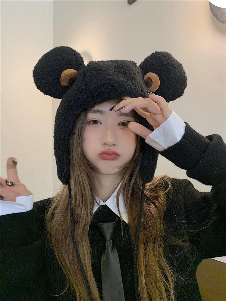 

Bear Cap with Ears Female Cute Earflaps Bear Hat