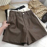 black one button high waist solid color a line wide leg shorts women autumn 2022 korean wild thin casual pu leather shorts lady