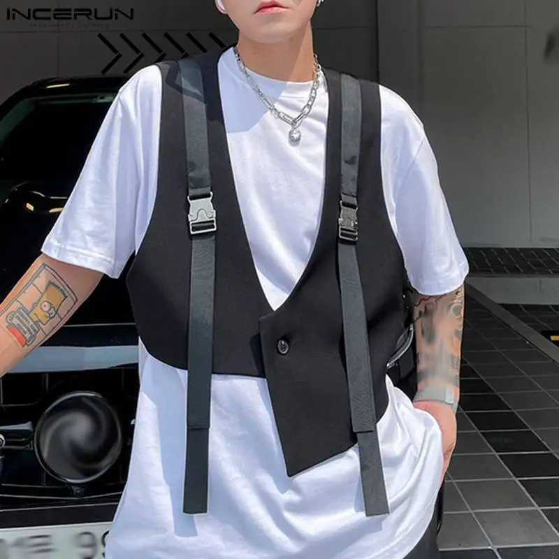 

Жилетка INCERUN Мужская на одной пуговице, повседневная безрукавка с V-образным вырезом, асимметричная безрукавка с поясом, уличная мода, 2023